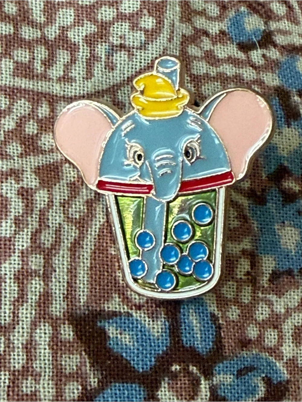 Disney Blue & Pink Elephant Bubble Tea Enamel Pin with Yellow Hat